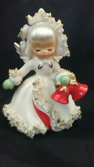 1958 Holt Howard Christmas Angel Girl W/ Bells Candle Holder Figurine Spagetti