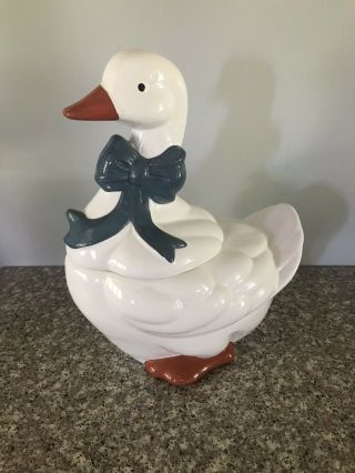 Vintage Ceramic White Goose Duck With Blue Bow Cookie Jar