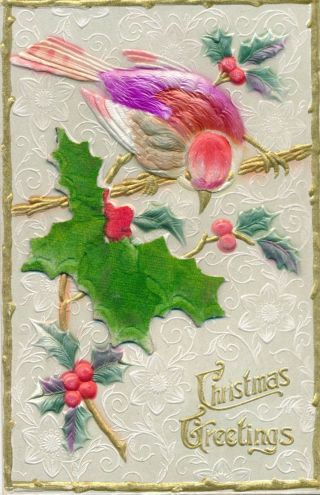 Vintage Celluloid Christmas Postcard,  Bird On Holly Branch " Christmas Greetings "