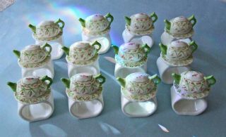 Teapot On Plate Napkin Rings Ceramic Porcelain W/ Hand Painted Roses Set Of 12