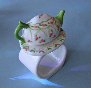 Teapot on Plate Napkin Rings Ceramic Porcelain w/ Hand Painted Roses Set of 12 2