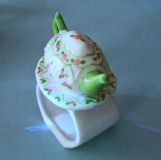 Teapot on Plate Napkin Rings Ceramic Porcelain w/ Hand Painted Roses Set of 12 3