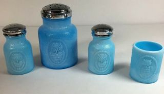 Owl Design Blue Milk Glass Sugar Shaker,  Salt & Pepper And Toothpick Holder Love