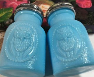 Owl Design Blue Milk Glass Sugar Shaker,  Salt & Pepper And Toothpick Holder Love 3
