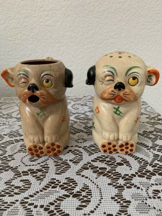 Vintage Bonzo Dog Winking Glass Ceramic Salt Shaker And Pitcher.  Made In Japan
