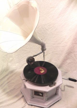 Antique Octagonal Gramophone Phonograph Fully Functional With White Color Horn