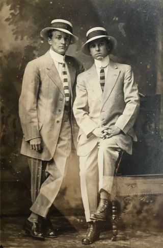 Photo Of Two Stylish Gentlemen In Fancy Attire: Men In Suits,  Ties,  Hats Rppc