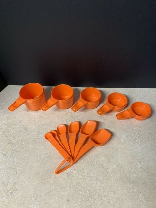 Vintage Tupperware Orange Measuring Cups & Spoons 11 Piece Set