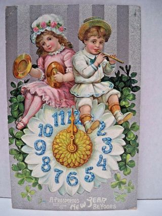 Vtg.  German 1910 " Prosperous Year " Postcard - Girl & Boy On Daisy Clock Vg