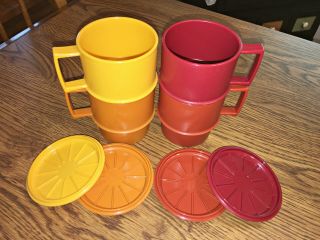 Set Of 4 Vintage Tupperware Stackable Mugs Coffee Cups W/ Coasters Lids Harvest