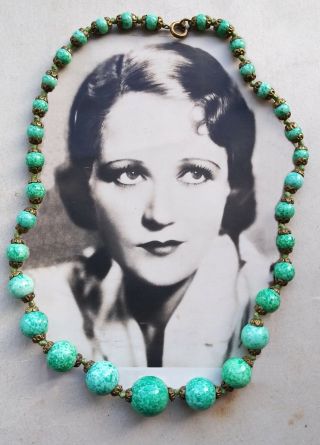 Vintage Art Deco 1920s Peking Glass Jade Green Beads Hand Knotted Necklace Gift