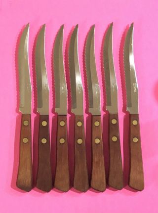 Vintage Set Of 7 Robinson Stainless Steel Steak Knives Wood Handles