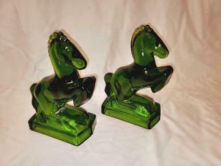 Vintage Rearing Horse Bookends Le Smith Emerald Green Heavy Glass