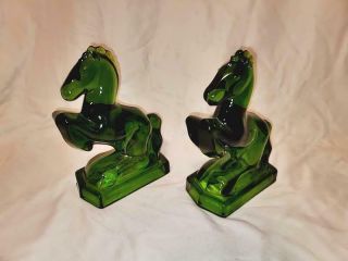 Vintage Rearing Horse Bookends LE Smith Emerald Green Heavy Glass 2