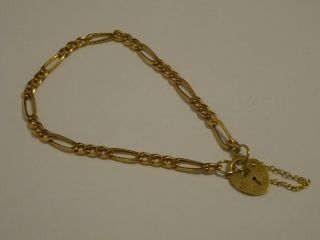 Vintage 9ct Gold Figaro Bracelet With Heart Lock Charm Chain 7 " Boxed Hallmarked