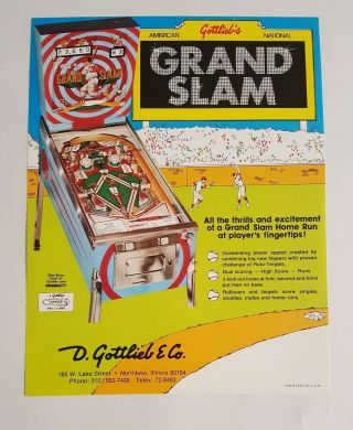 1972 Gottlieb Grand Slam Vintage Pinball Machine Flyer Ad Nos
