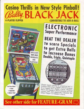 Bally Black Jack Pinball Machine Sales Flyer Brochure 1978
