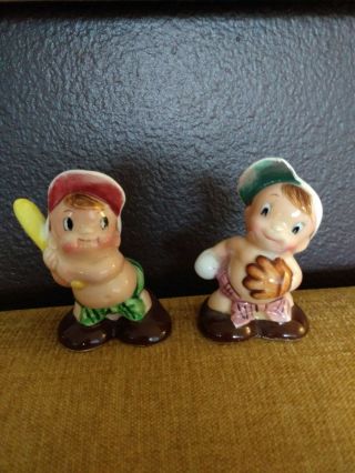 Vintage Japan Ceramic Salt & Pepper Shakers Baby Boys Baseball Players 3 "