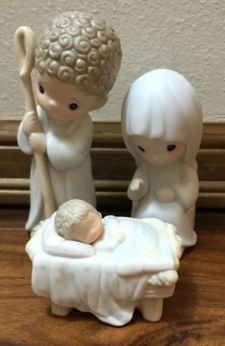 1995 Enesco Precious Moments 3 Piece Porcelain Bisque Nativity Set & Book B01