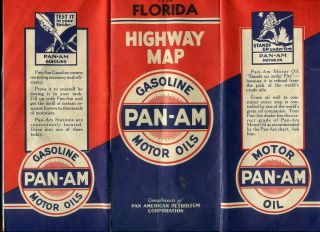 1932 Pan - Am Gasoline Motor Oils Highway Map Florida Road Map