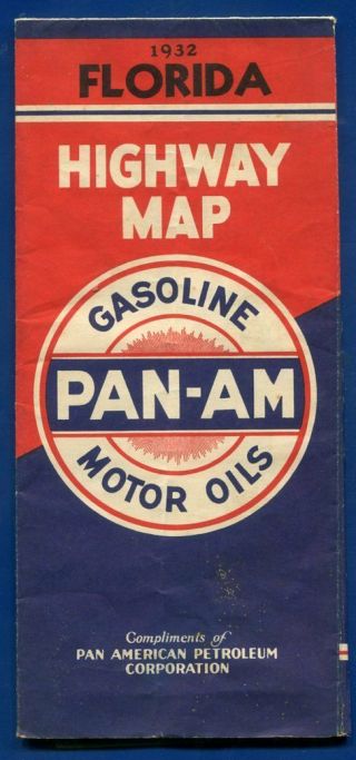 1932 PAN - AM Gasoline Motor Oils Highway Map Florida Road Map 3