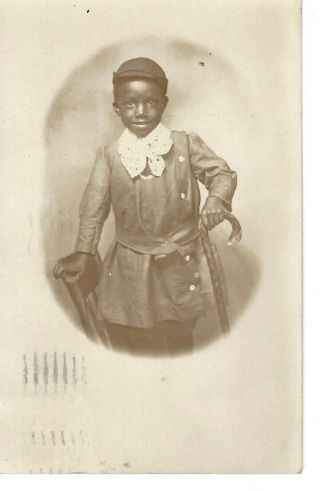 Black Americana Postcard Real Photo Studio Posed Black Youth With Cane