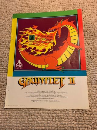 11 - 8.  5  Gauntlet 2 Ii Atari Arcade Video Game Ad Flyer