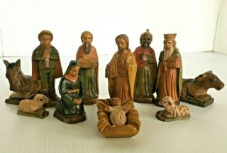 Vintage Hand Carved Wood Nativity 12 Pc Set Christmas Scene
