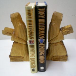 Vintage Wood Hand Carved Monks Holding Books Bookends