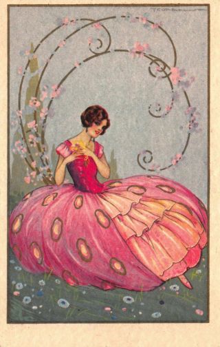 Artist Signed Postcard Art Deco Woman Wearing Pink In A Garden 123583