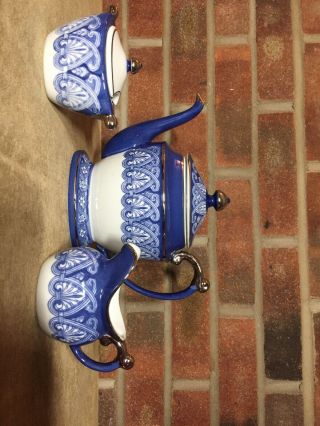 Bombay Blue & White Tile Tea Set Teapot W/lid,  Creamer And Sugar Bowl W/lid.