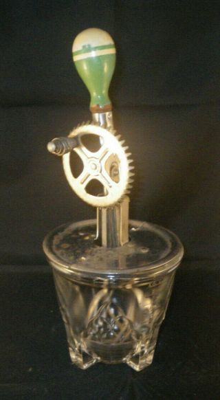 Vintage A&j Egg Beater With Glass Measuring Jar Green White Wood Handle