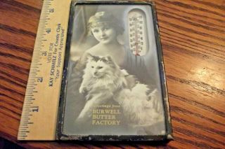 Vintage Advertising Picture Thermometer Burwell Butter Factory Girl And Cat Ne ?
