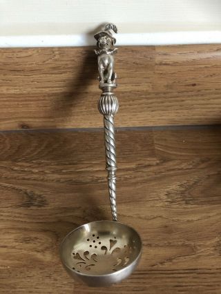 Vintage Silver Tea Strainer? Candy Twist Handle With An Unusual Dog In A Hat