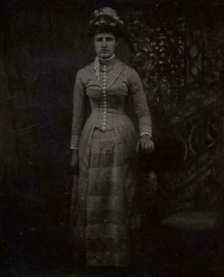 Tintype Photo T208 Serious Looking Woman W/ Hat Posing In Dress