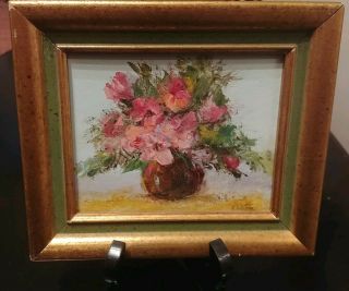 Miniature Vintage American Floral Oil On Board Painting By Eve Riston