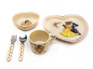Vintage Disney Belle Beauty And The Beast Dinnerware Plate Bowl Mug Silverware