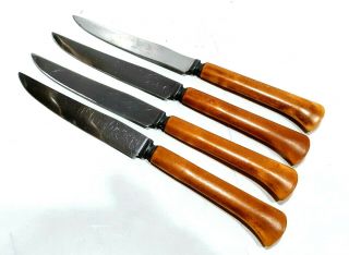 4 Vintage Butterscotch Bakelite Handle & Stainless Steel Serrated Steak Knives