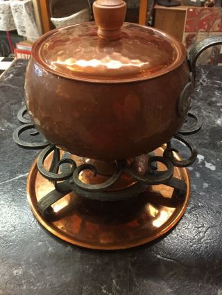 Vintage Stockli Netstal Hammered Copper Fondue Set Swiss Made With Copper Tray