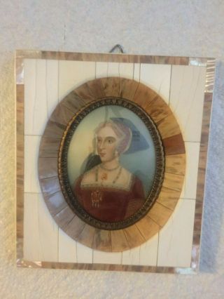 Antique Miniature Portrait Of A Lady On Inlayed Frame - Signed