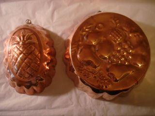 2 Vintage Copper Tin - Lined Jello Salad Molds Wall Décor: Fruit Bowl & Pineapple