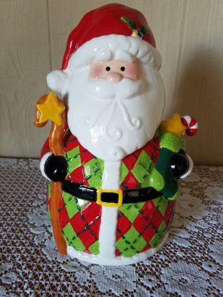 Santa Claus Christmas Cookie Jar Stocking Candy Cane Star Staff Red Green Plaid