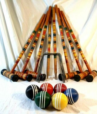 Vintage Complete Wooden 6 Player Croquet Set 26 " Mallets Balls Wickets Stakes