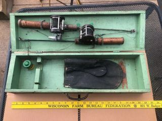Vintage Ice Fishing Kit Wood Box Brass Corners Jig Poles Antique