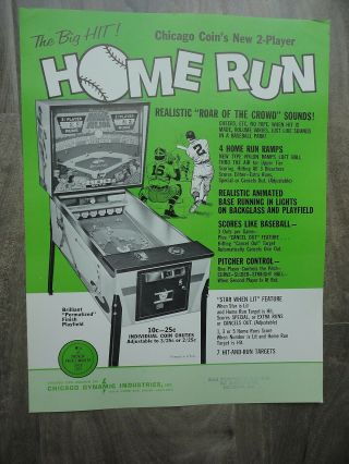 Home Run Baseball Pinball Machine Flyer Chicago Coin Pitch & Bat