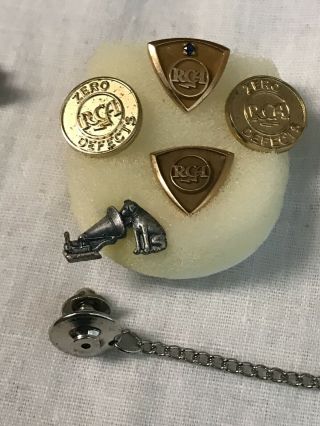 VINTAGE RCA Employee Pins,  2 10K,  2 Zero Defect and Nipper Tie Tack 2