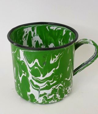 Antique Chrysolite Green & White Swirl Granite Ware Enamelware Cup Mug