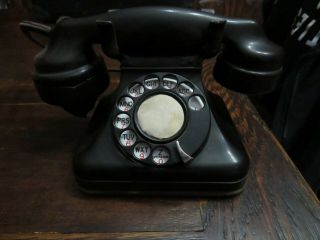 Antique Desk Telephone Black Rotary Dial E - 1 Handle Cloth Cord Square Base