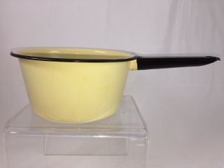Vintage Butter Yellow Enamel Porcelain Sauce Pot Pan Black Handle 7” Diameter