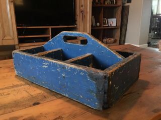 Primitive Large Vintage Blue Paint Wood Tool Caddy Hardware Box Tote Tray
